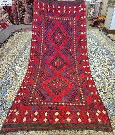 Afghan tribal runner Kilim Ghalmiri, Size: 231 x 98 cm, flat handwoven, natural wool & vegetable dye.