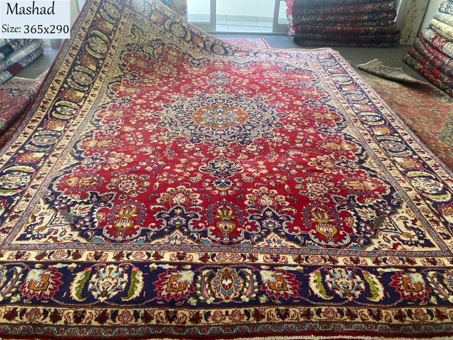 Antique Persian Mashad carpet, Size: 365 x 290 cm, Hand knotted by natural wool, R16000 valuation certificate.