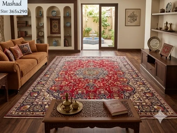 Antique Persian Mashad carpet, Size: 365 x 290 cm, Hand knotted by natural wool, R16000 valuation certificate.