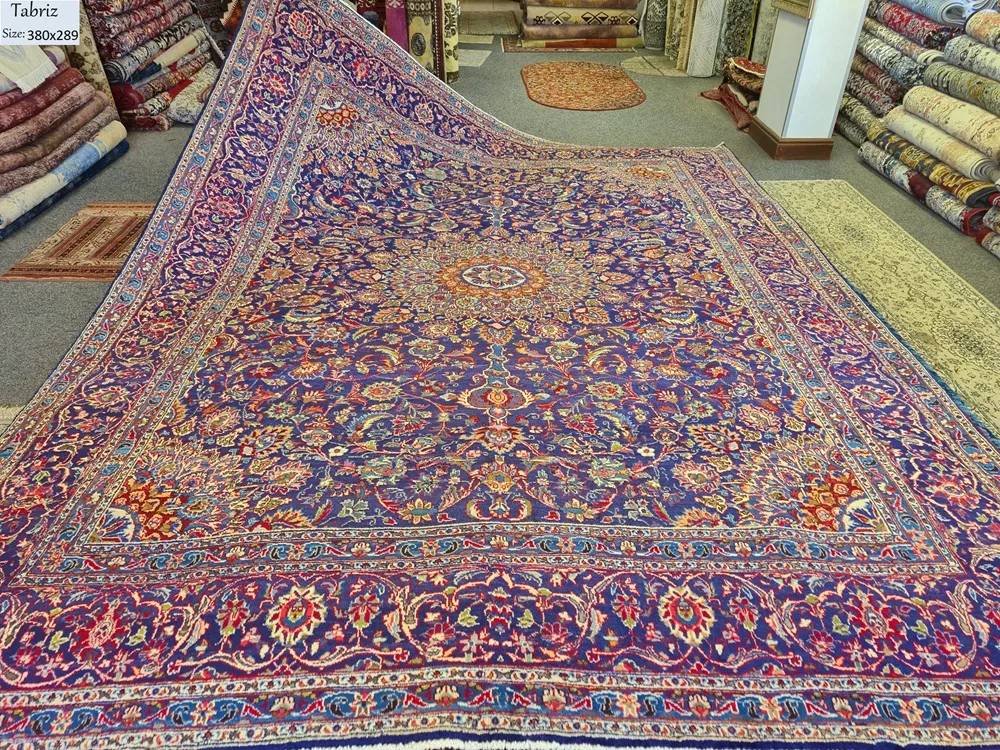 Antique Persian Tabriz rug, Size: 380 x 289 cm, Navy, 100% hand knotted by natural wool & vegetable dye, R16 000 valuation certificate.