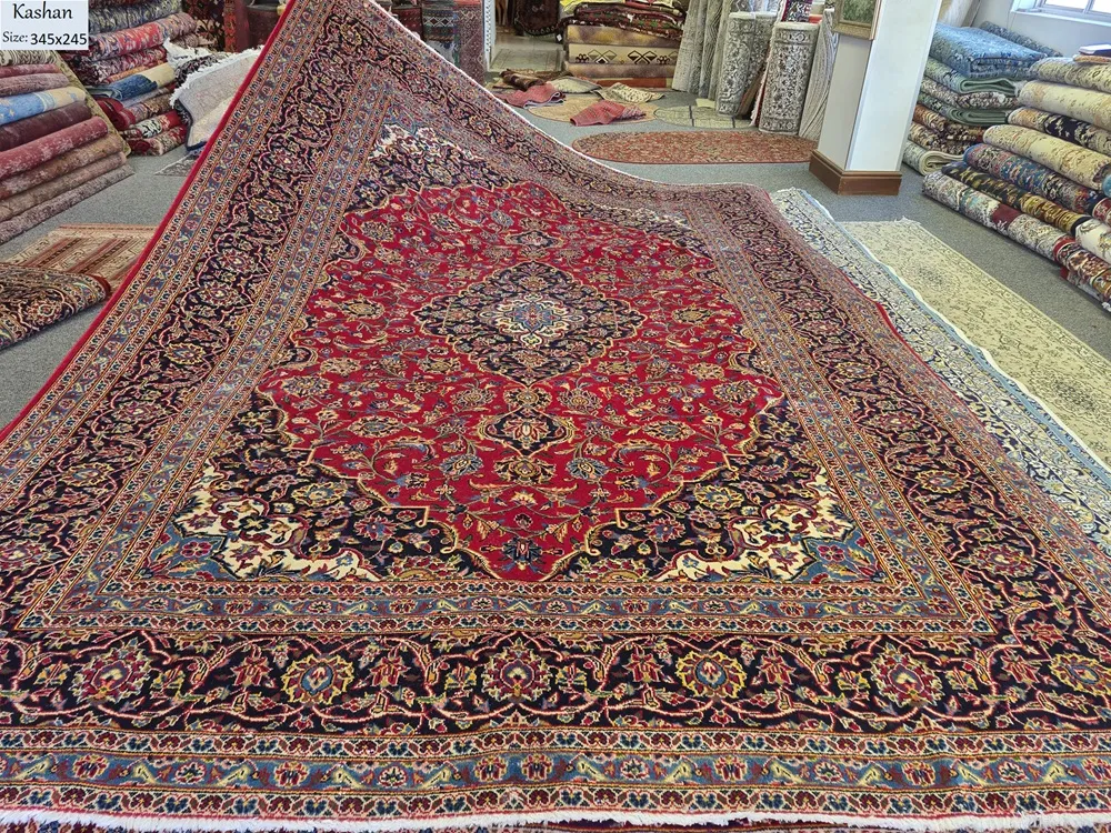 Authentic Hand-Knotted Persian Kashan Rug, Size: 345 x 245 cm, Traditional Shah Abbasi Medallion,100% High-Quality Wool.