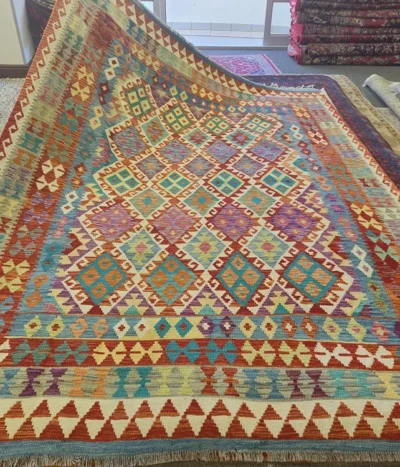 Authentic Hand-Woven Kilim, Size: 299 x 214 cm, A multi-colour masterpiece featuring warm earth tones balanced by cool blues and purples.