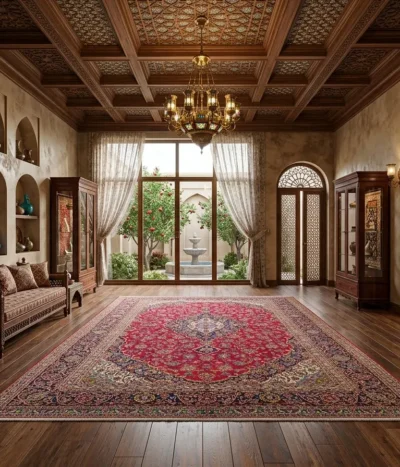 Authentic handmade Kashan Persian rug. Size: 410 x 290 cm, Featuring a classic central medallion and intricate floral motifs, R18 000 valuation certificate.