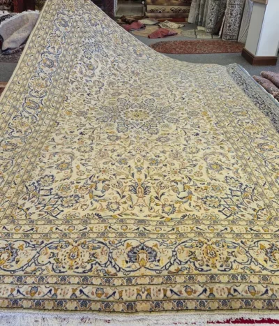 Authentic Mashad Hand-Knotted Persian Rug, Size: 368 x 250 cm, luminous cream field with a grand central medallion and intricate "islimi" (arabesque) floral vine work. High-quality, soft wool pile on a sturdy cotton foundation.