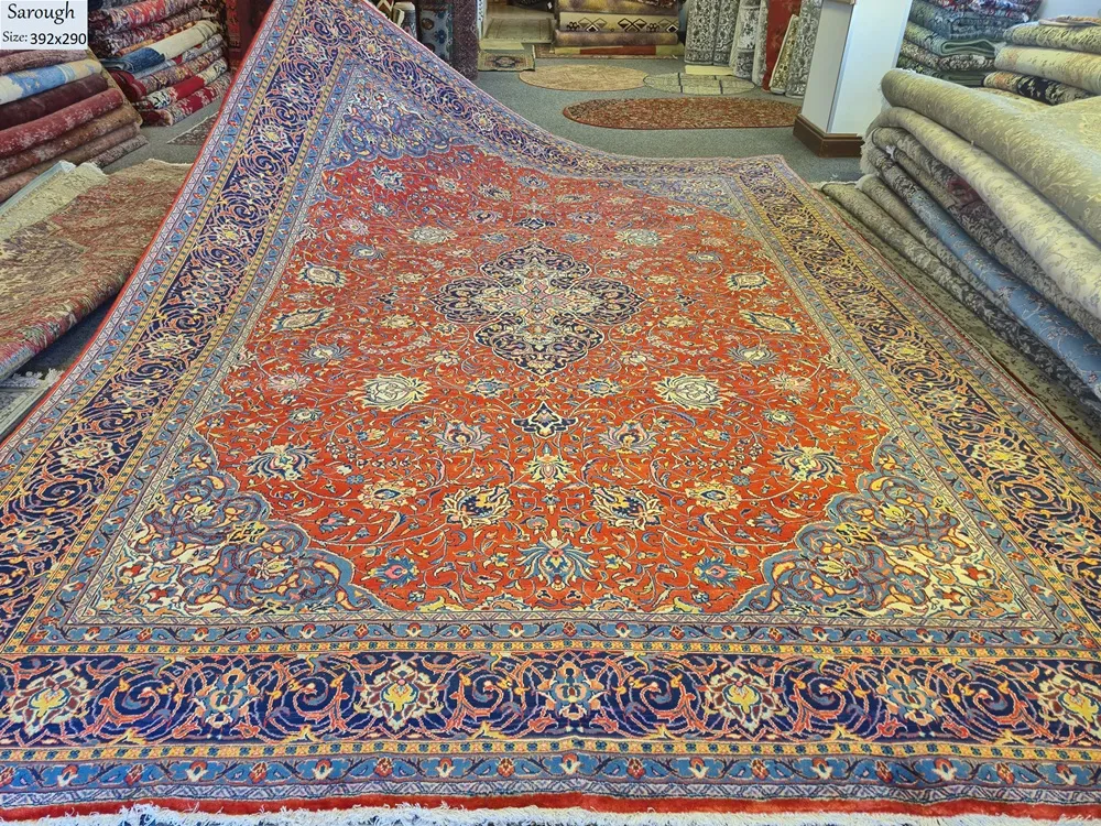 Authentic Sarough Persian Rug, Size: 392 x 290 cm, “mohtashem” style influence, Fine hand-knotted, majestic central medallion surrounded by a lush garden of floral motifs and a rich Shah Abbas border.