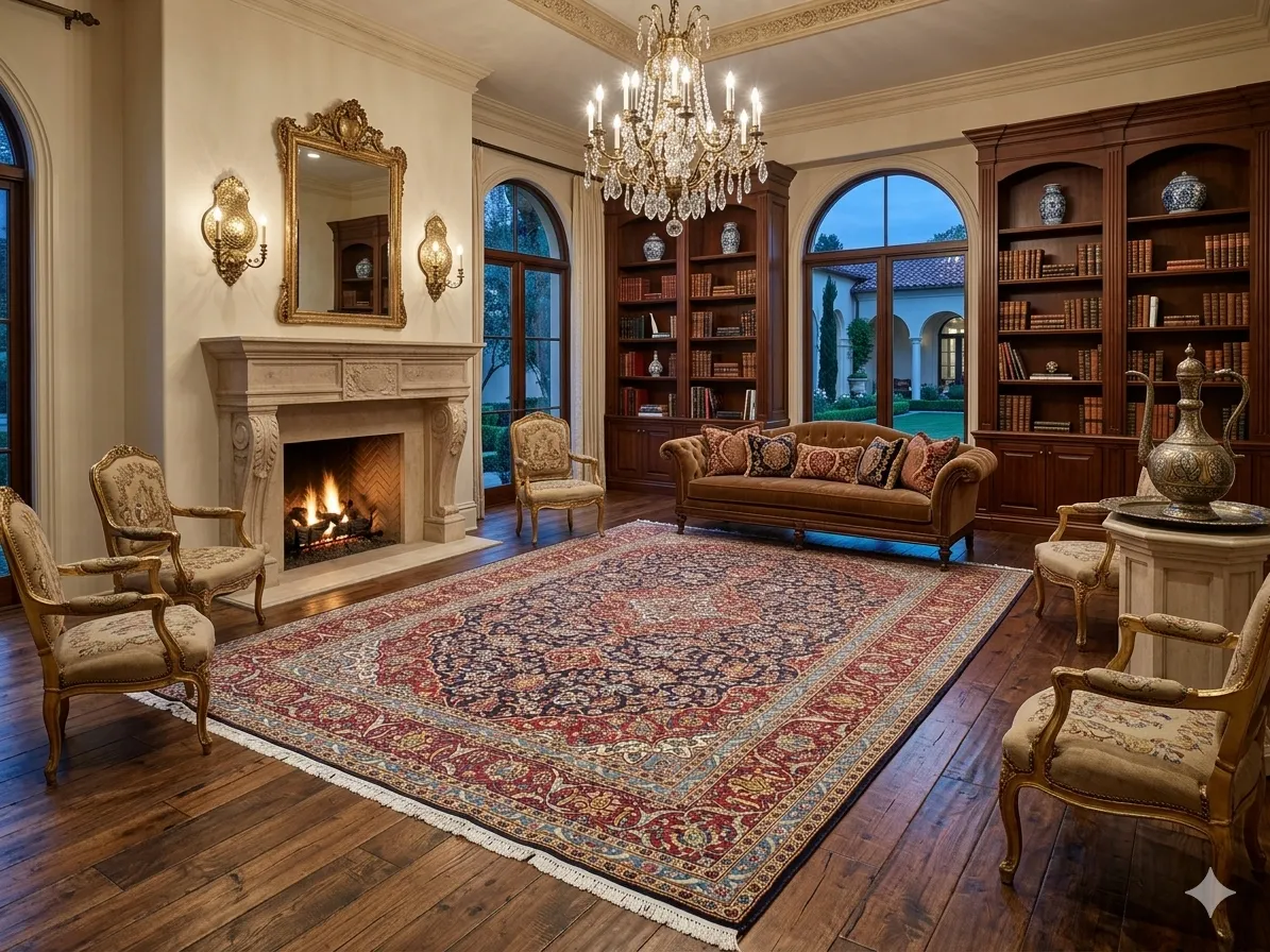 Fine handmade Kashan, Size: 406 x 295 cm, Classic Medallion with an intricate "Shah Abbas" floral field, high knot density with Premium hand-spun wool on a durable cotton foundation.