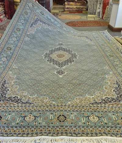 Fine Tabiz rug, Size: 350x250 cm, Sage green, Mahi pattern, 500 knots wool on cotton quality, R15 000 valuation certificate.