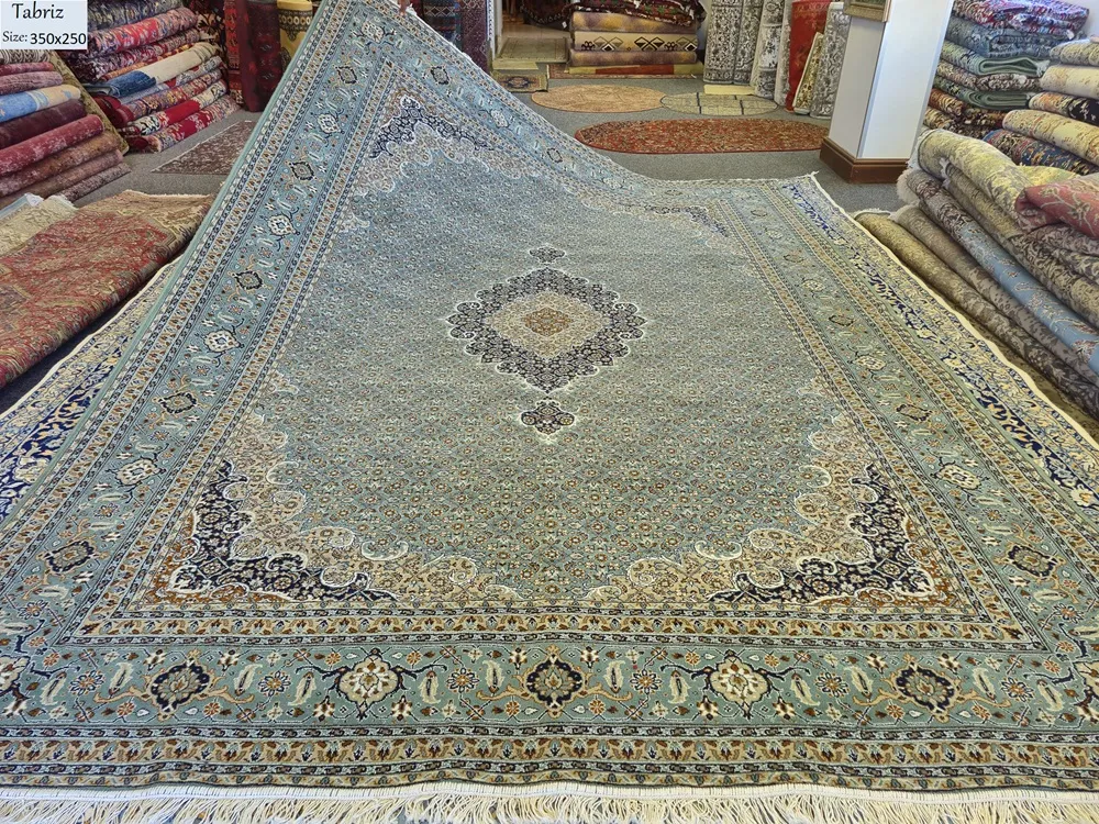 Fine Tabiz rug, Size: 350x250 cm, Sage green, Mahi pattern, 500 knots wool on cotton quality, R15 000 valuation certificate.