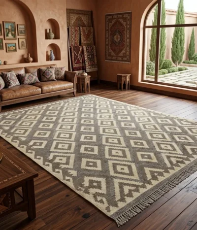 Flat-weave Afghan Kilim, Size: 300 x 200 cm, Hand-knotted geometric repeating diamond pattern with neutral earthy tones.