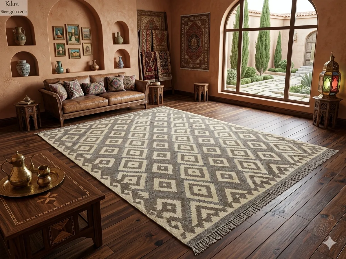 Flat-weave Afghan Kilim, Size: 300 x 200 cm, Hand-knotted geometric repeating diamond pattern with neutral earthy tones.