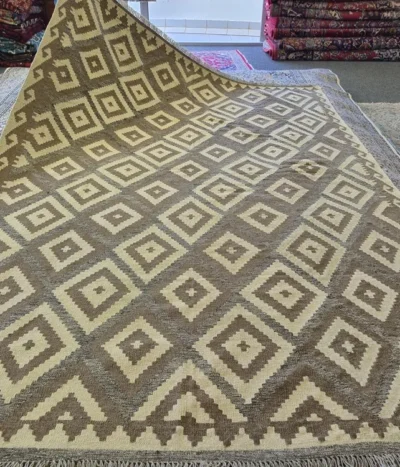 Flat-weave Afghan Kilim, Size: 300 x 200 cm, Hand-knotted geometric repeating diamond pattern with neutral earthy tones.