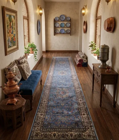 Machine made Hallway runner, Size: 400 x 300 cm, Blue Kashan design, Polyester.