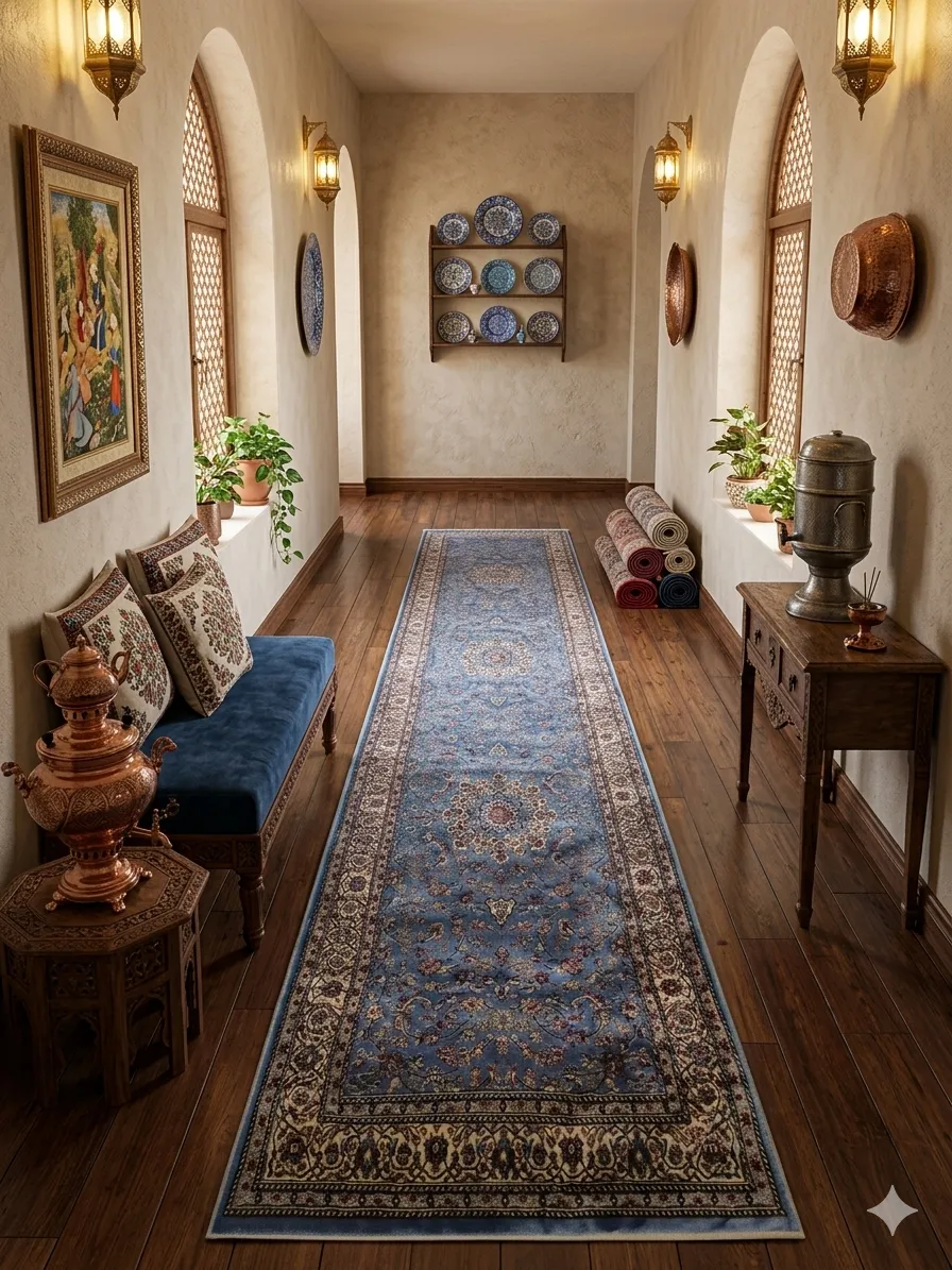 Machine made Hallway runner, Size: 400 x 300 cm, Blue Kashan design, Polyester.