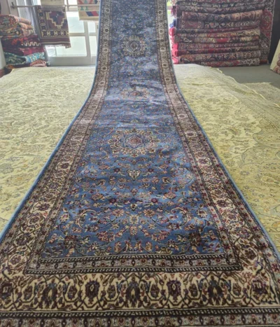 Machine made Hallway runner, Size: 400 x 300 cm, Blue Kashan design, Polyester.