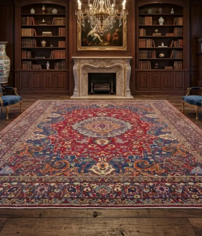 Hand-Knotted Mashad Persian Rug, Size: 400 x 300 cm, classic central medallion design, which is a hallmark of Mashad weaving. The circular, sunburst-like center represents the "Eye of God" or a lotus flower.