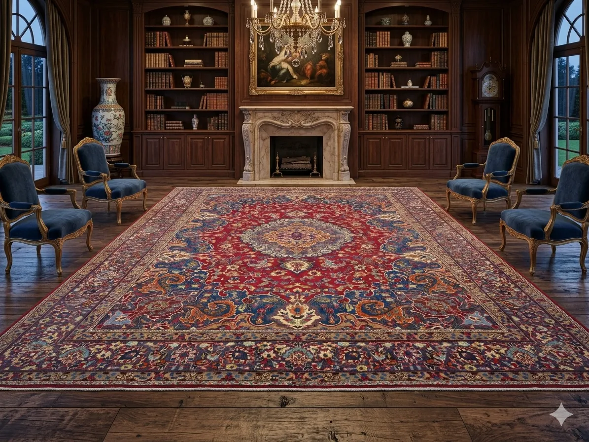 Hand-Knotted Mashad Persian Rug, Size: 400 x 300 cm, classic central medallion design, which is a hallmark of Mashad weaving. The circular, sunburst-like center represents the "Eye of God" or a lotus flower.