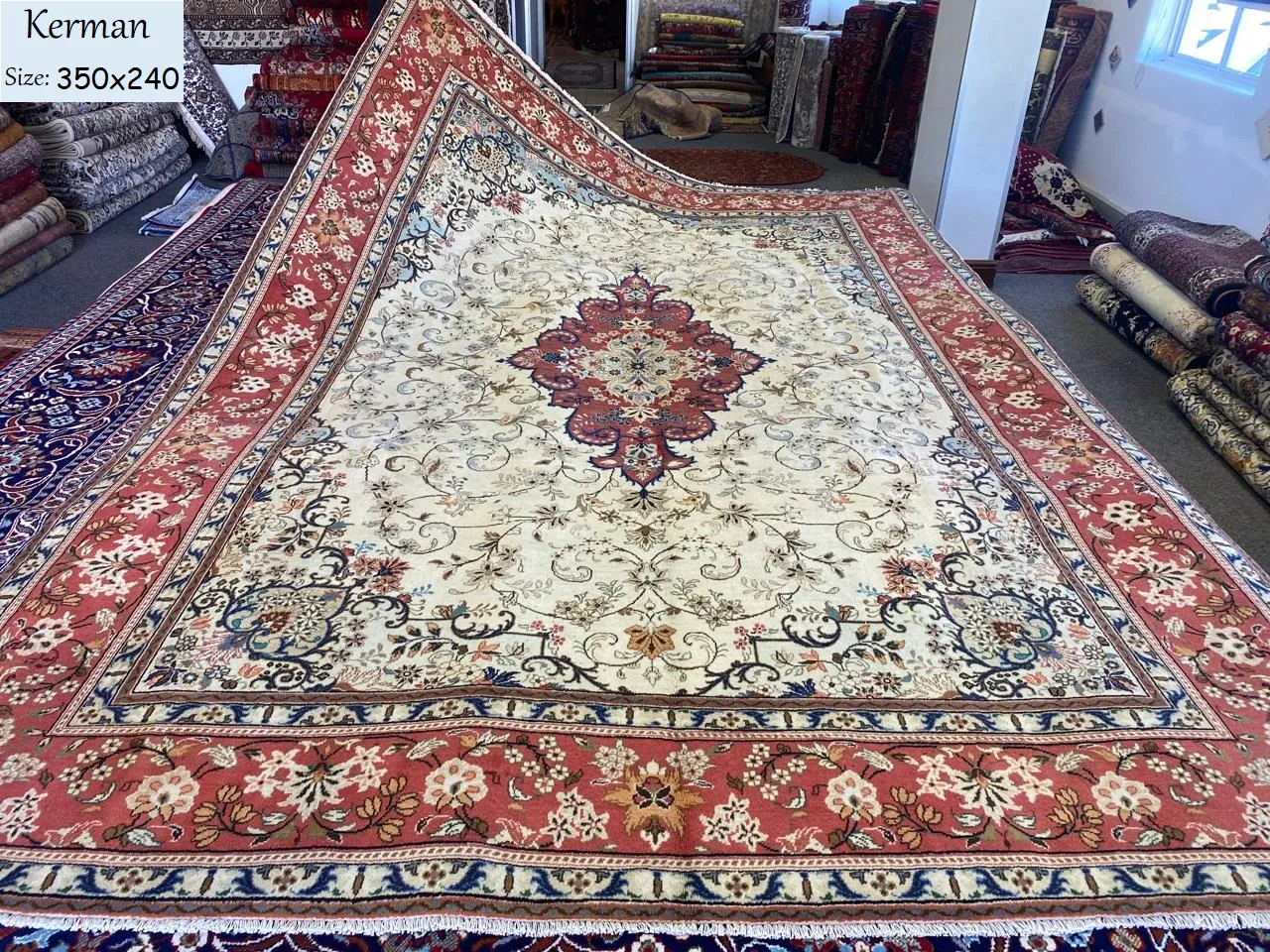 Second hand Kerman carpet, Size: 350 x 240 cm, fine hand knotted by natural wool & vegetable dye, R23 000 valuation certificate.