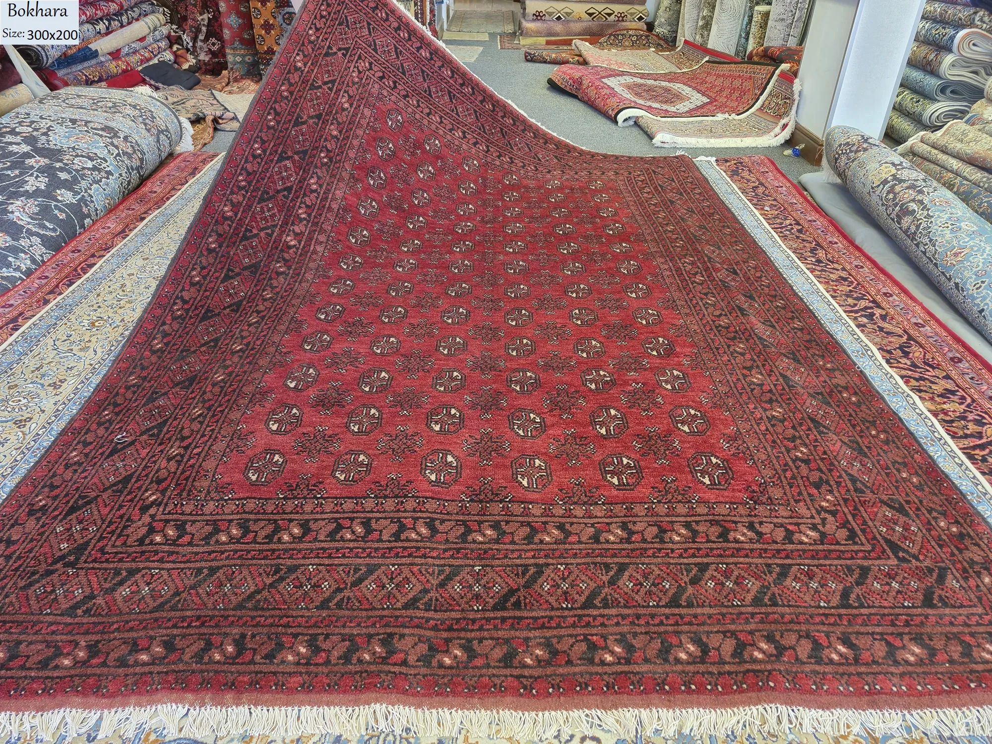 Handmade Bokhara, Size: 300 x 200 cm, Afghan rug, red color, Hand knotted by fine wool & vegetable dye, R15 000 valuation certificate.