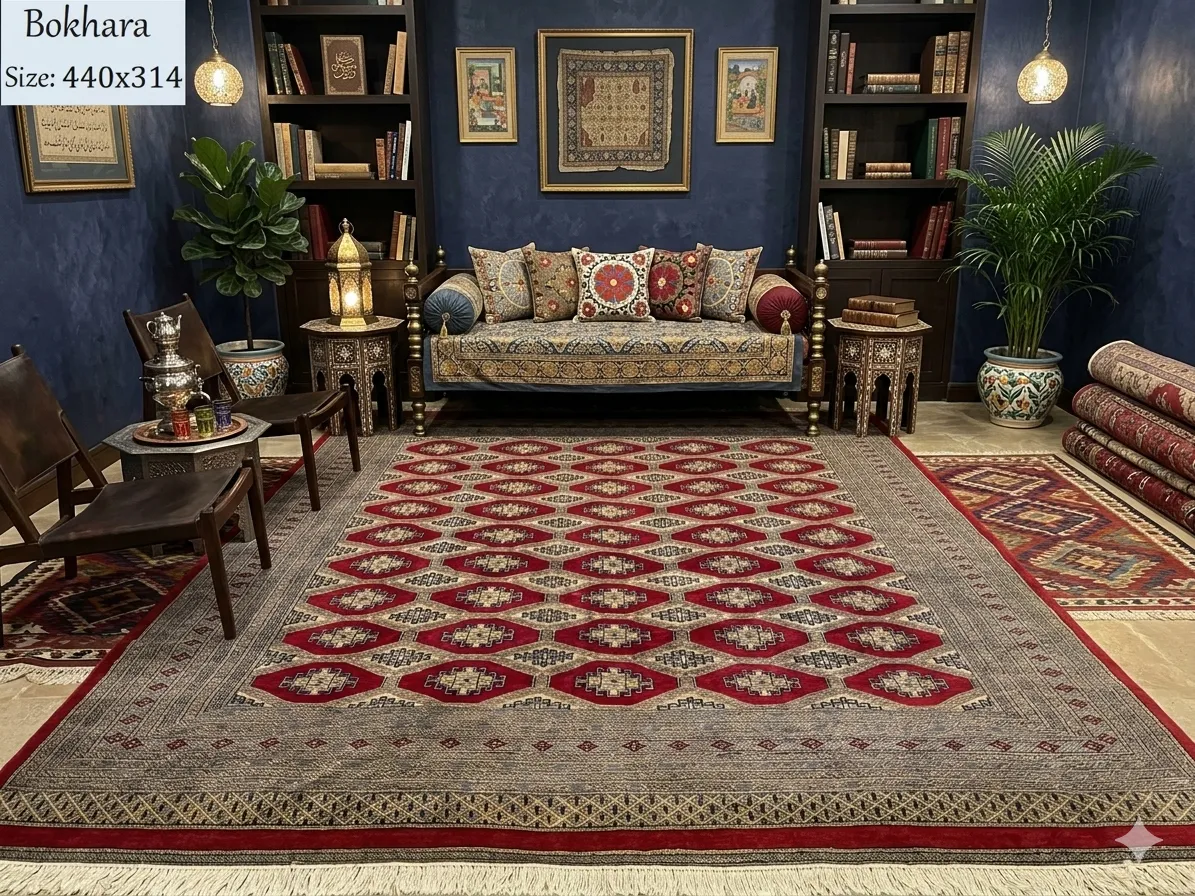 Handmade Bokhara carpet, Size: 440 × 314 cm, very fine hand knotted by natural wool & vegetable dye, R55 000 valuation certificate & exchange warranty.