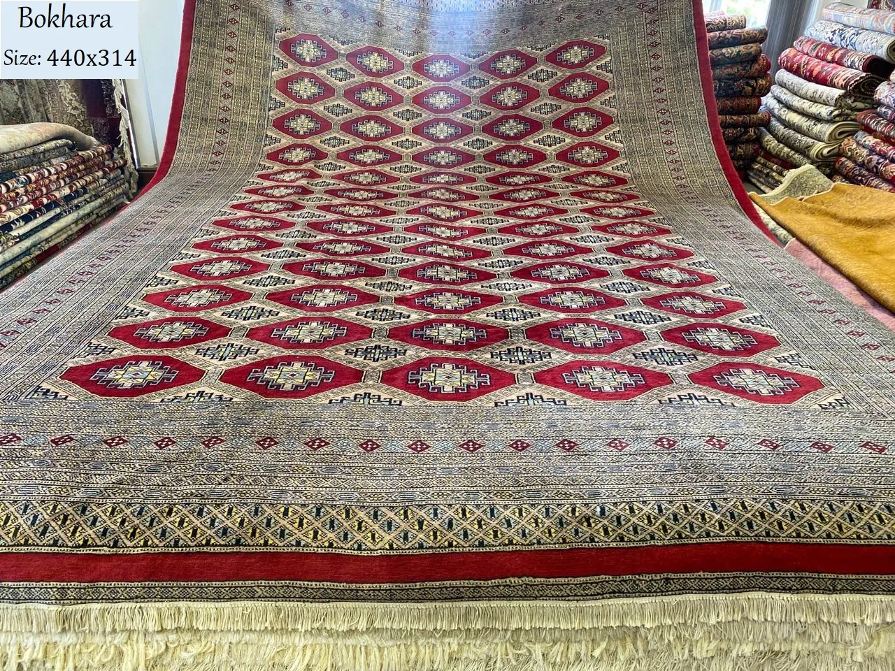 Handmade Bokhara carpet, Size: 440 × 314 cm, very fine hand knotted by natural wool & vegetable dye, R55 000 valuation certificate & exchange warranty.