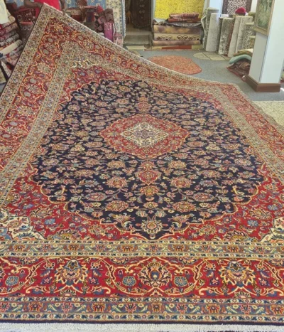 Persian handmade Kashan carpet, Size 394x302 cm, Navy, fine knotted by natural wool & vegetable dye, R24 000 valuation certificate.