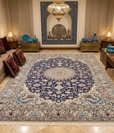 Persian handmade Nain rug, Size: 295 x 190 cm, second hand, central medallion and intricate floral motifs in a navy and ivory color. R 20 000 valuation certificate.