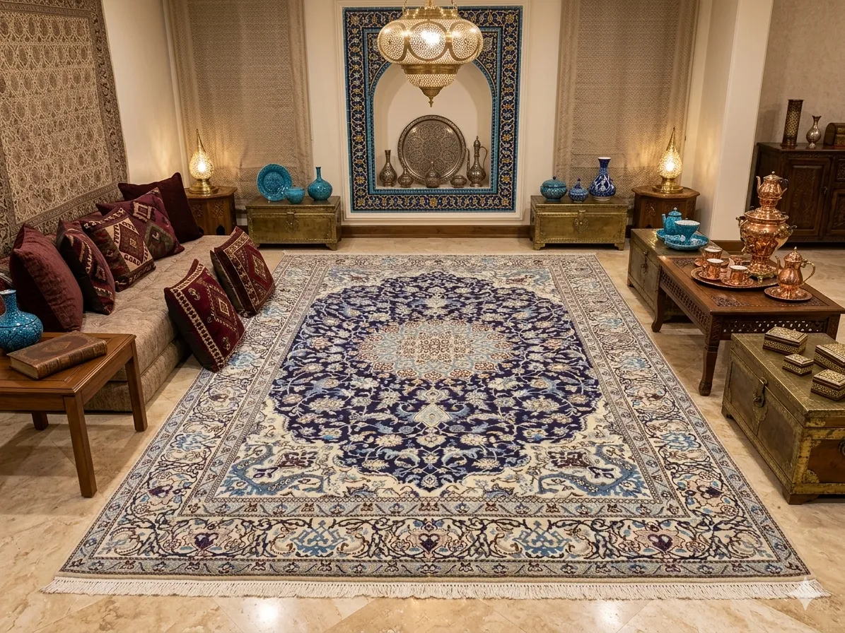 Persian handmade Nain rug, Size: 295 x 190 cm, second hand, central medallion and intricate floral motifs in a navy and ivory color. R 20 000 valuation certificate.