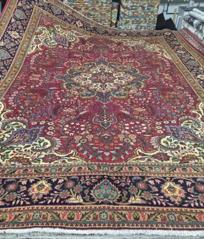 Handmade Tabriz Persian Rug, Size: 388 x 310 cm, Lachak Toranj (medallion-and-corner) layout featuring a complex 16-point central star. high knot density.