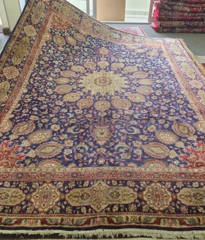 Antique Persian Tabriz carpet, Size: 375 x 290 cm, Navy, 100% hand knotted by natural wool & vegetable dye, R26 000 valuation certificate.