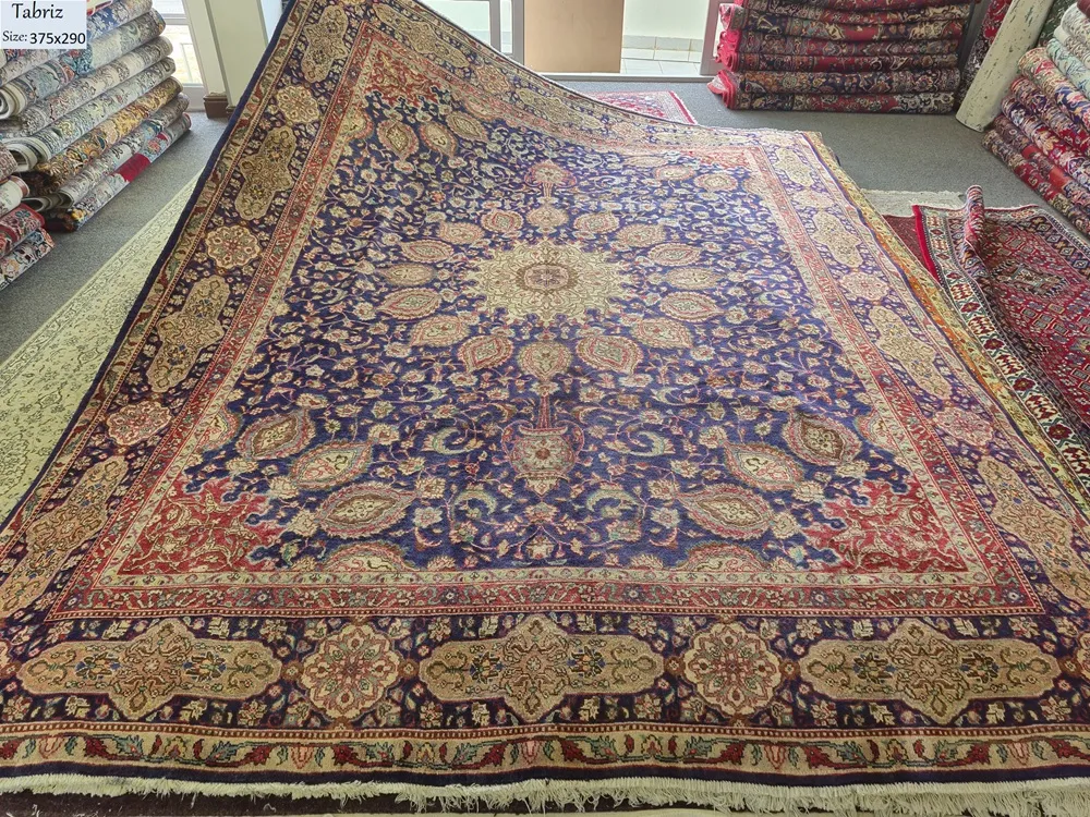 Antique Persian Tabriz carpet, Size: 375 x 290 cm, Navy, 100% hand knotted by natural wool & vegetable dye, R26 000 valuation certificate.