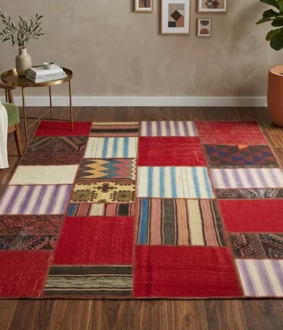 Iranian Patchwork Kilim, Size 188 x 200 cm, Natural wool & dye, Flat hand woven.