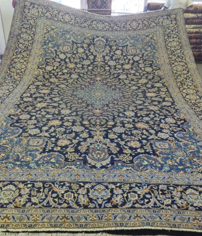 Large Premium Persian Kashan rug, Size: 425 x 320 cm, Golden - Navy, 100% hand knotted by natural wool & vegetable dye, R60 000 valuation certificate.