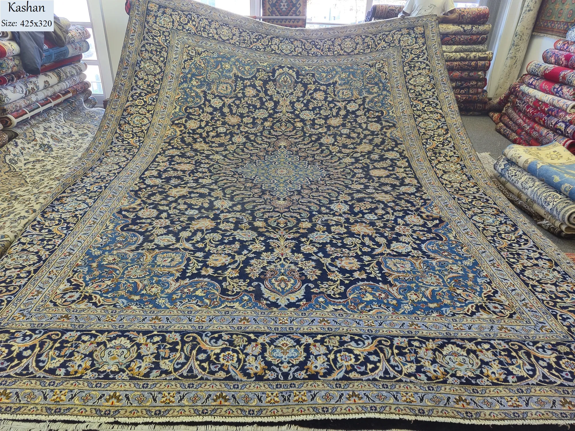 Large Premium Persian Kashan rug, Size: 425 x 320 cm, Golden - Navy, 100% hand knotted by natural wool & vegetable dye, R60 000 valuation certificate.