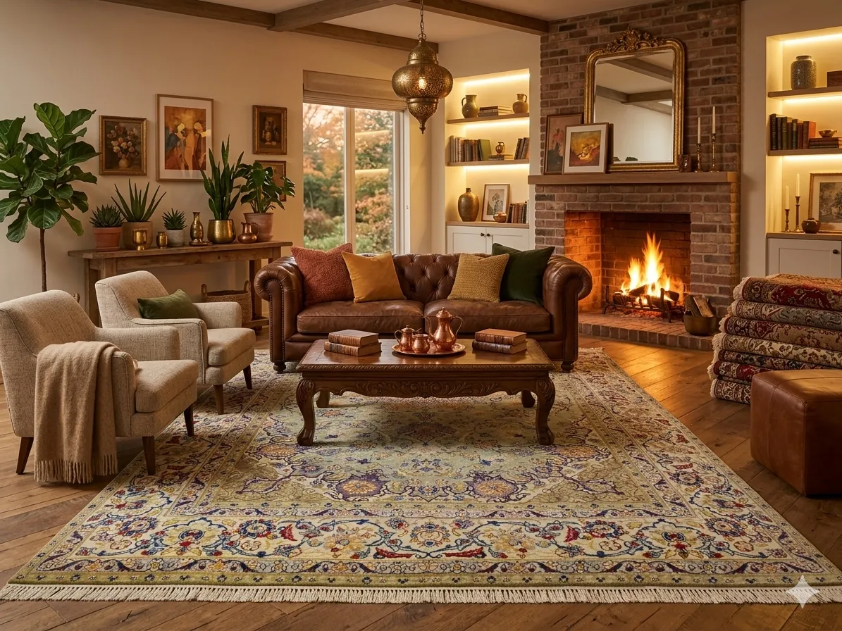 Sage Mashad large Persian carpet, Size: 445 x 312 cm, hand knotted natural wool & vegetable dye, R35 000 valuation certificate.