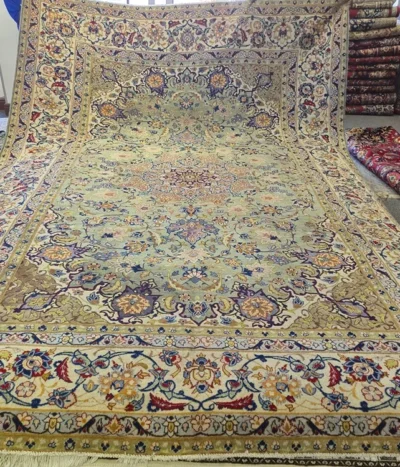 Sage Mashad large Persian carpet, Size: 445 x 312 cm, hand knotted natural wool & vegetable dye, R35 000 valuation certificate.