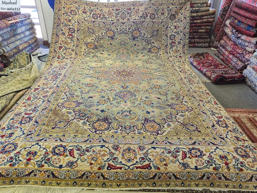 Sage Mashad large Persian carpet, Size: 445 x 312 cm, hand knotted natural wool & vegetable dye, R35 000 valuation certificate.