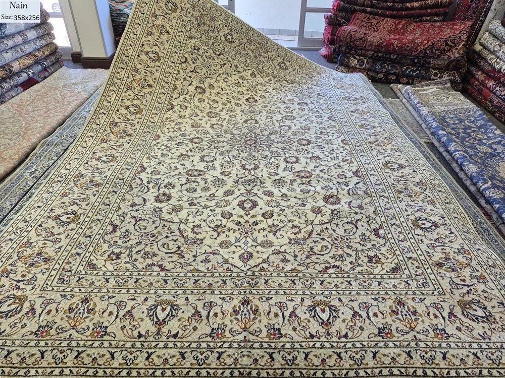 Persian Handmade Nain carpet, Size: 358 x 256 cm, Refurbished, Natural wool, vegetable dye, R22 000 valuation certificate.