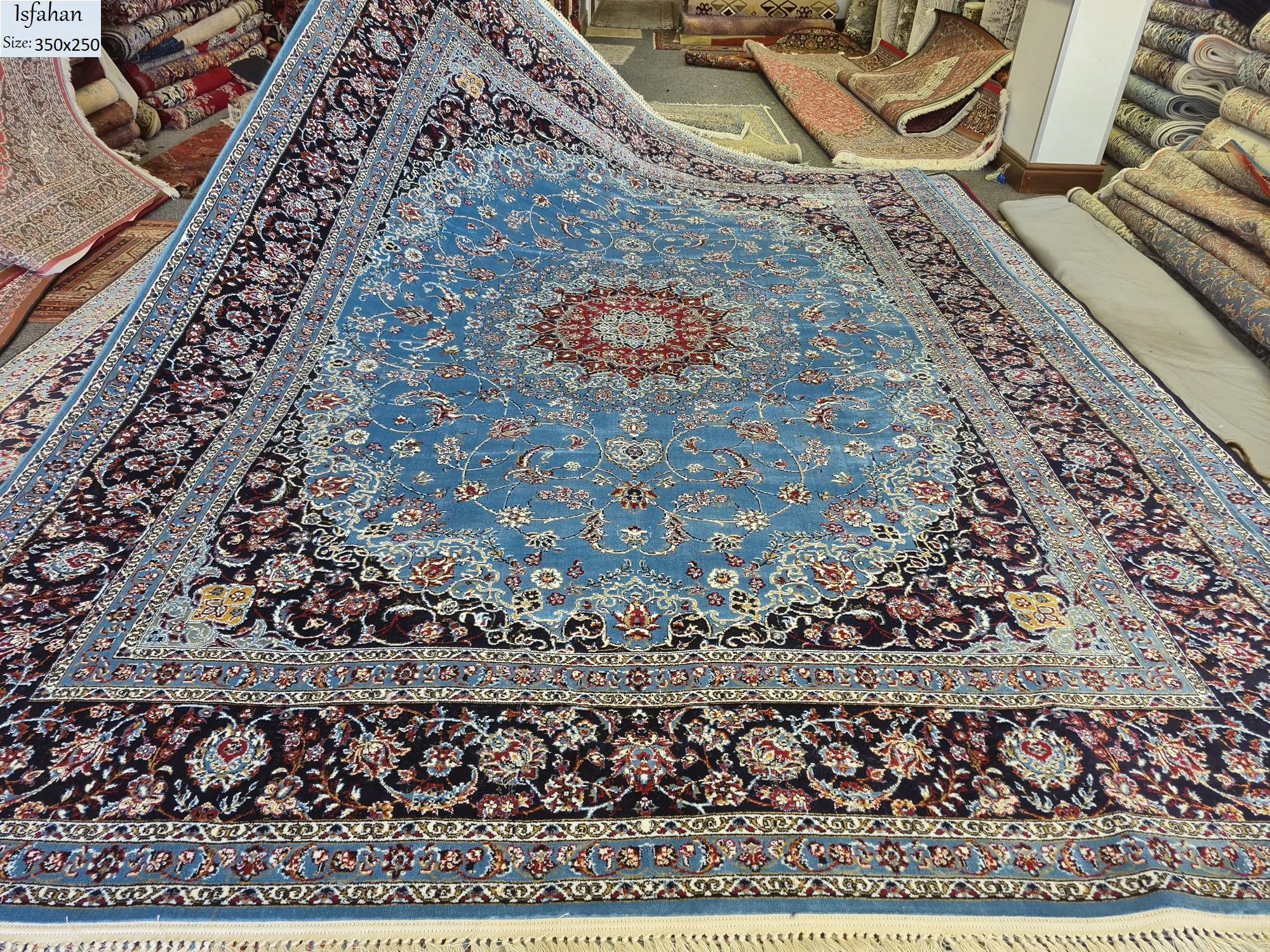 Persian Isfahan carpet, Size: 350 x 250 cm, 700 knots polyester quality, machine made.