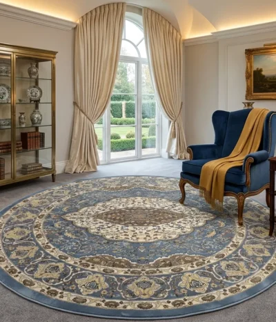 Persian Isfahan round rug, Size 200 x 200 cm, polyester, machine made.