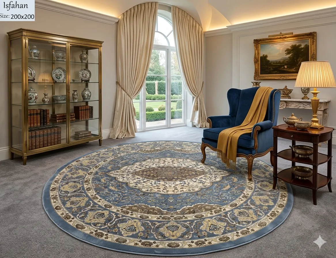 Persian Isfahan round rug, Size 200 x 200 cm, polyester, machine made.
