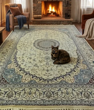 Persian Isfahan rug, Size: 300 × 200 cm, cream color, floral design, 500 Knots wool on cotton quality.