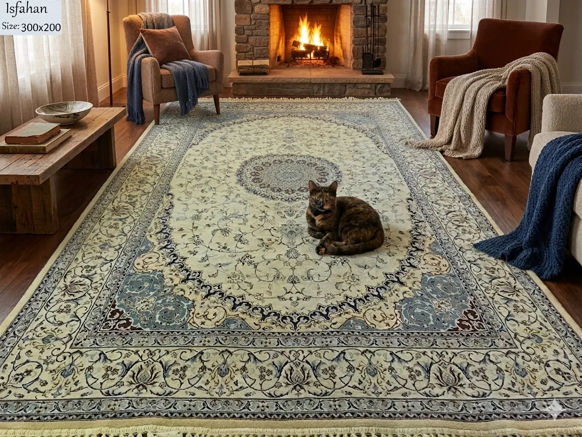 Persian Isfahan rug, Size: 300 × 200 cm, cream color, floral design, 500 Knots wool on cotton quality.