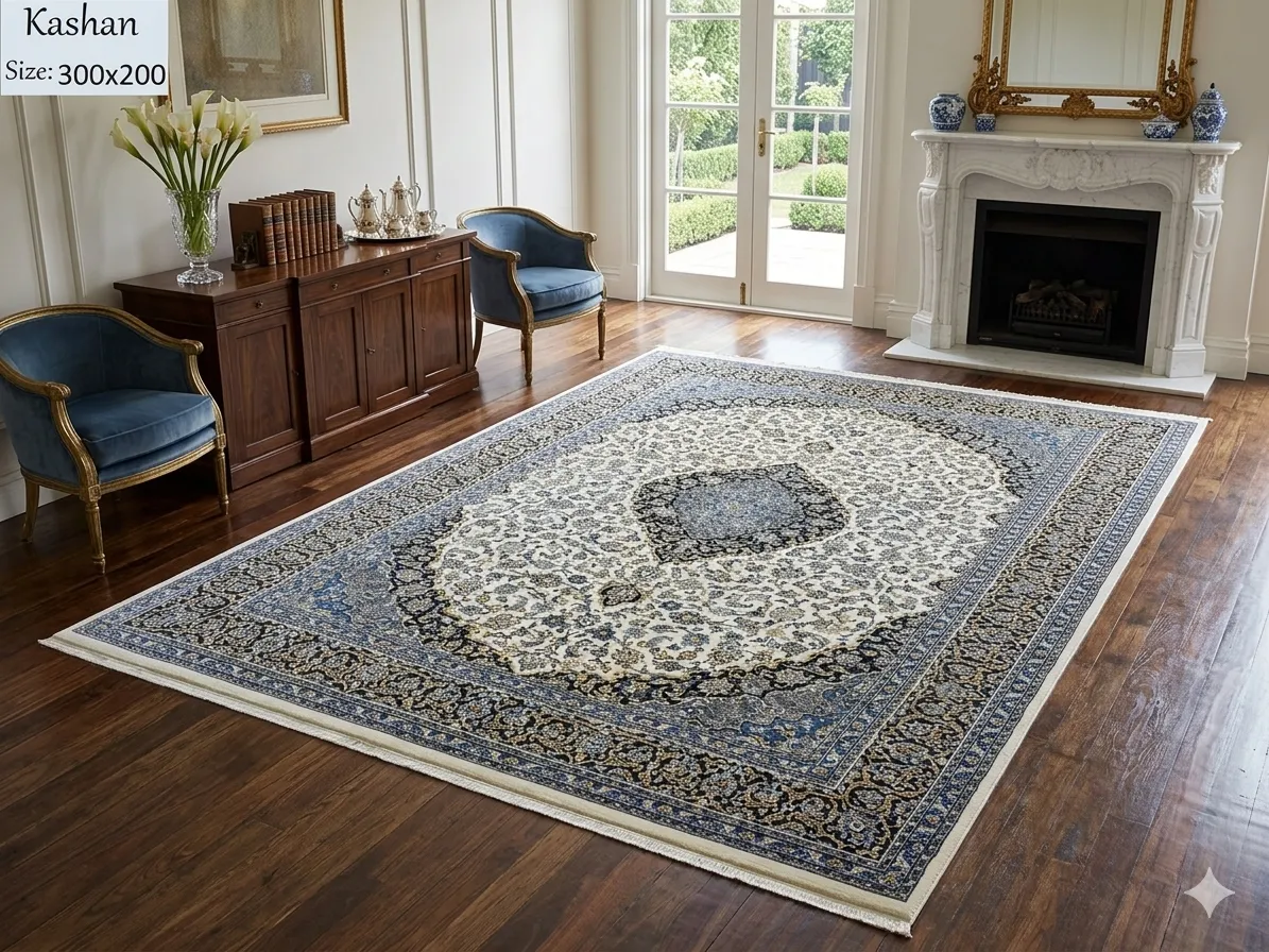 Persian machine made Kashan rug, Size: 300 × 200 cm, floral design.