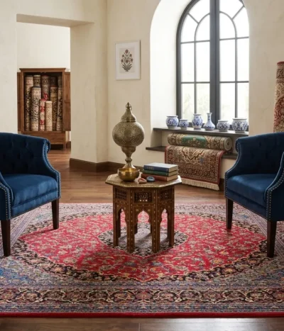 Persian machine made red Kashan, Size: 300 × 200 cm, Polyester quality.
