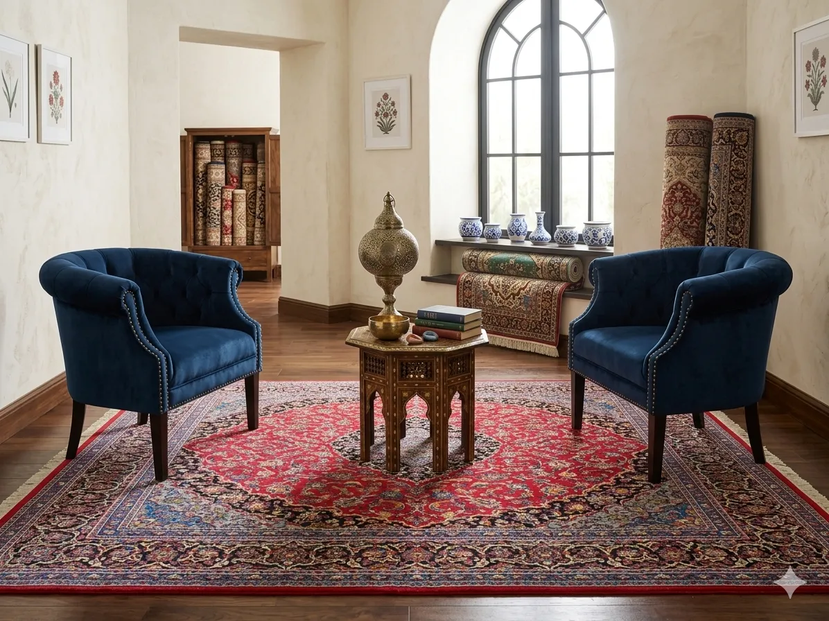 Persian machine made red Kashan, Size: 300 × 200 cm, Polyester quality.