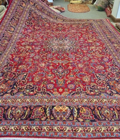 Persian Mashad carpet, Size: 385 x 300 cm, hand knotted by natural wool & vegetable dye. R15 000 valuation certificate.
