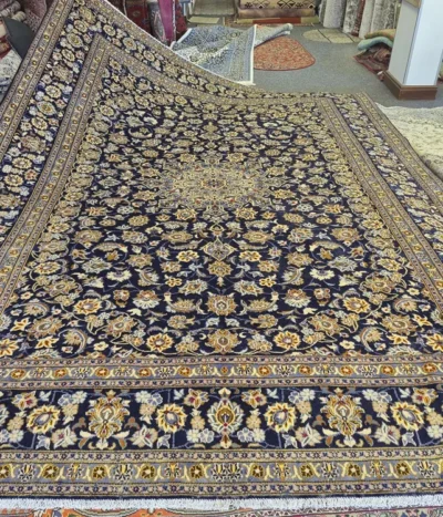 Persian Nain carpet, Size: 390 x 295 cm, Golden navy, Hand knotted by natural wool & vegetable, R25 000 valuation certificate.