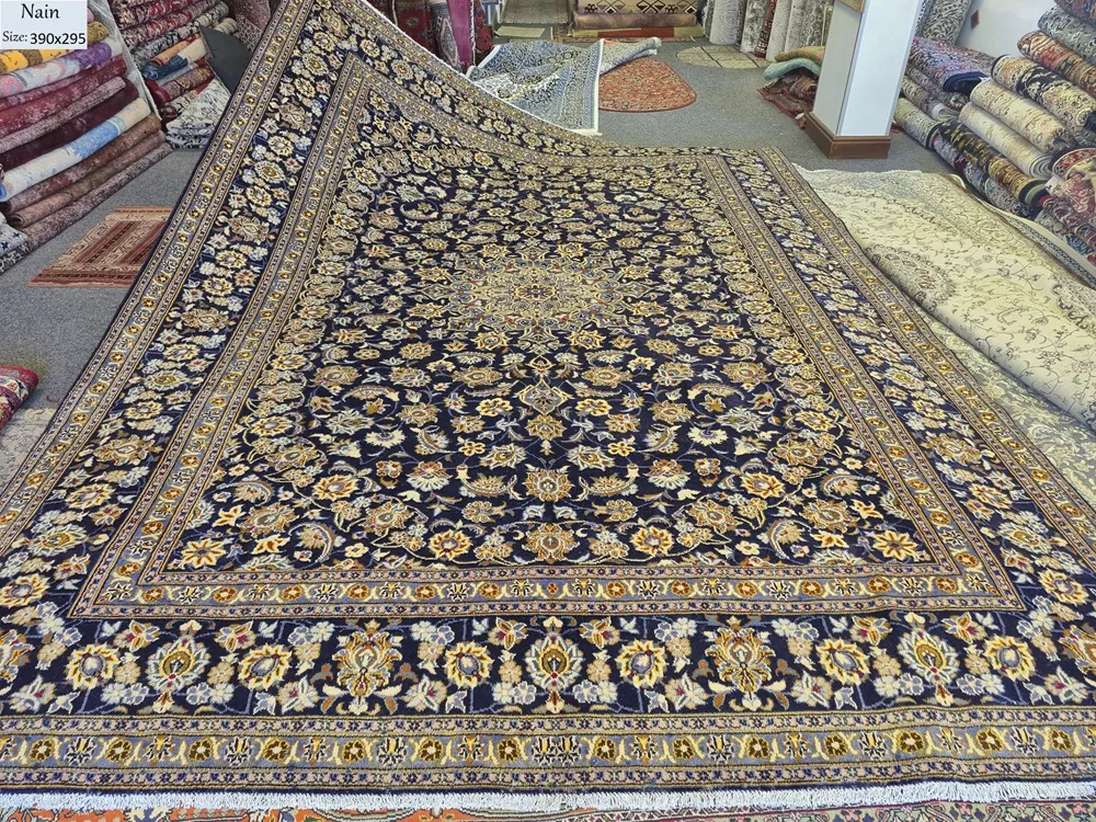 Persian Nain carpet, Size: 390 x 295 cm, Golden navy, Hand knotted by natural wool & vegetable, R25 000 valuation certificate.