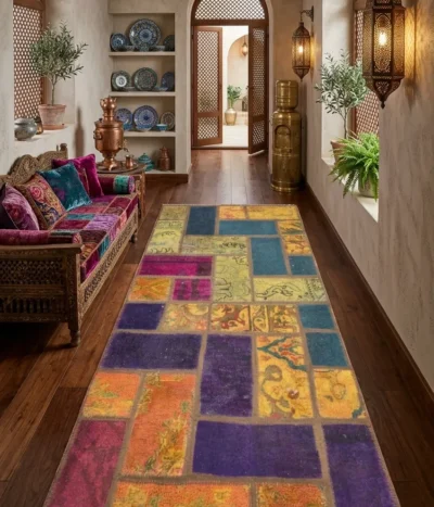 Persian Patchwork rug, Size 148 x 73 cm, vintage hand knotted, natural wool, overdye.