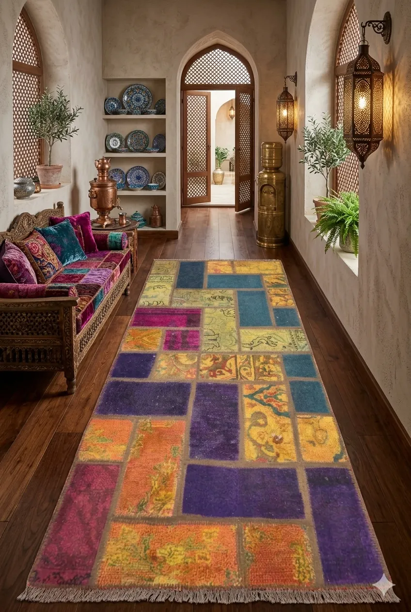 Persian Patchwork rug, Size 148 x 73 cm, vintage hand knotted, natural wool, overdye.